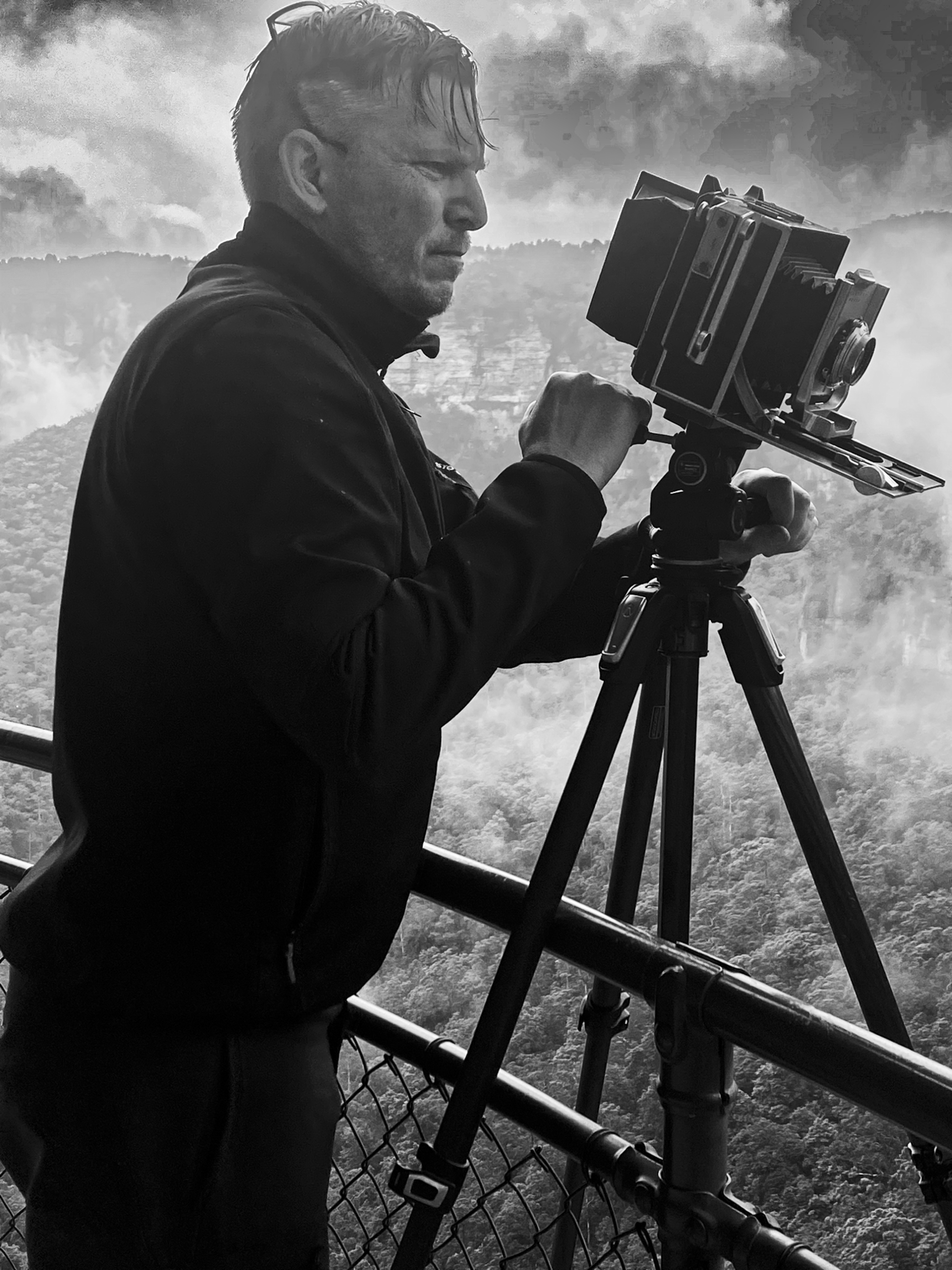 Achim Boers photographing a waterfall with a large-format camera
