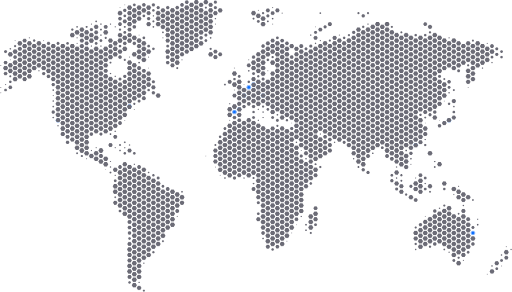 Map showing Wageningen in the Netherlands, Madrid in Spain and Sydney in Australia